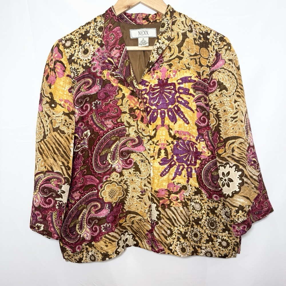 NEXX Silk Linen Blend Boho Tapestry Jacket M Art To Wear Statement Fall Topper